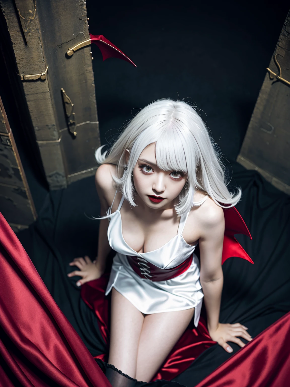 (photo realistic1.2),ultra detailed,(8K),(1girl),(Fantasy:1.5),(Vampire Castle),(bed),(vampire costume:1.5),(fang:1.2),(Vampiric items:1.2)topless,(small nipples),(big breasts: 1.2),nude gravure,beautiful Japanese, clothes in disarray,dangling earrings,skirt,(from above),looking at viewer,(reaching out),(snicker),bust shot,((white hair)),(medium hair),22years old,red eyes 