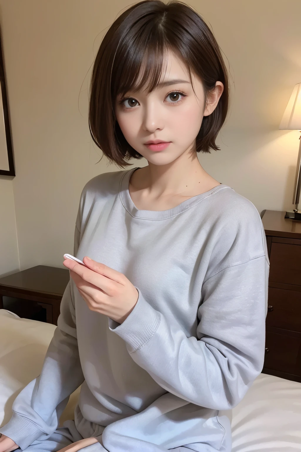 cute 21 year old japanese、night、on the bed、sweatshirt pajamas、Cute colorful pajamas、super detail face、eye for details、double eyelid、beautiful thin nose、sharp focus:1.2、Beautiful woman:1.4、(light brown hair,short cut hair, white skin、highest quality、masterpiece、Super high resolution、(Photoreal:1.4)、No exposure、