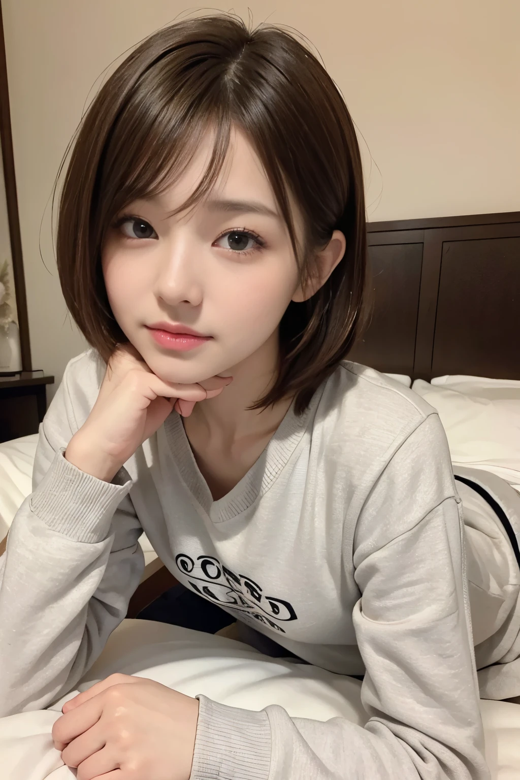 cute 21 year old japanese、night、on the bed、sweatshirt pajamas、Cute colorful pajamas、super detail face、eye for details、double eyelid、beautiful thin nose、sharp focus:1.2、Beautiful woman:1.4、(light brown hair,short cut hair, white skin、highest quality、masterpiece、Super high resolution、(Photoreal:1.4)、No exposure、