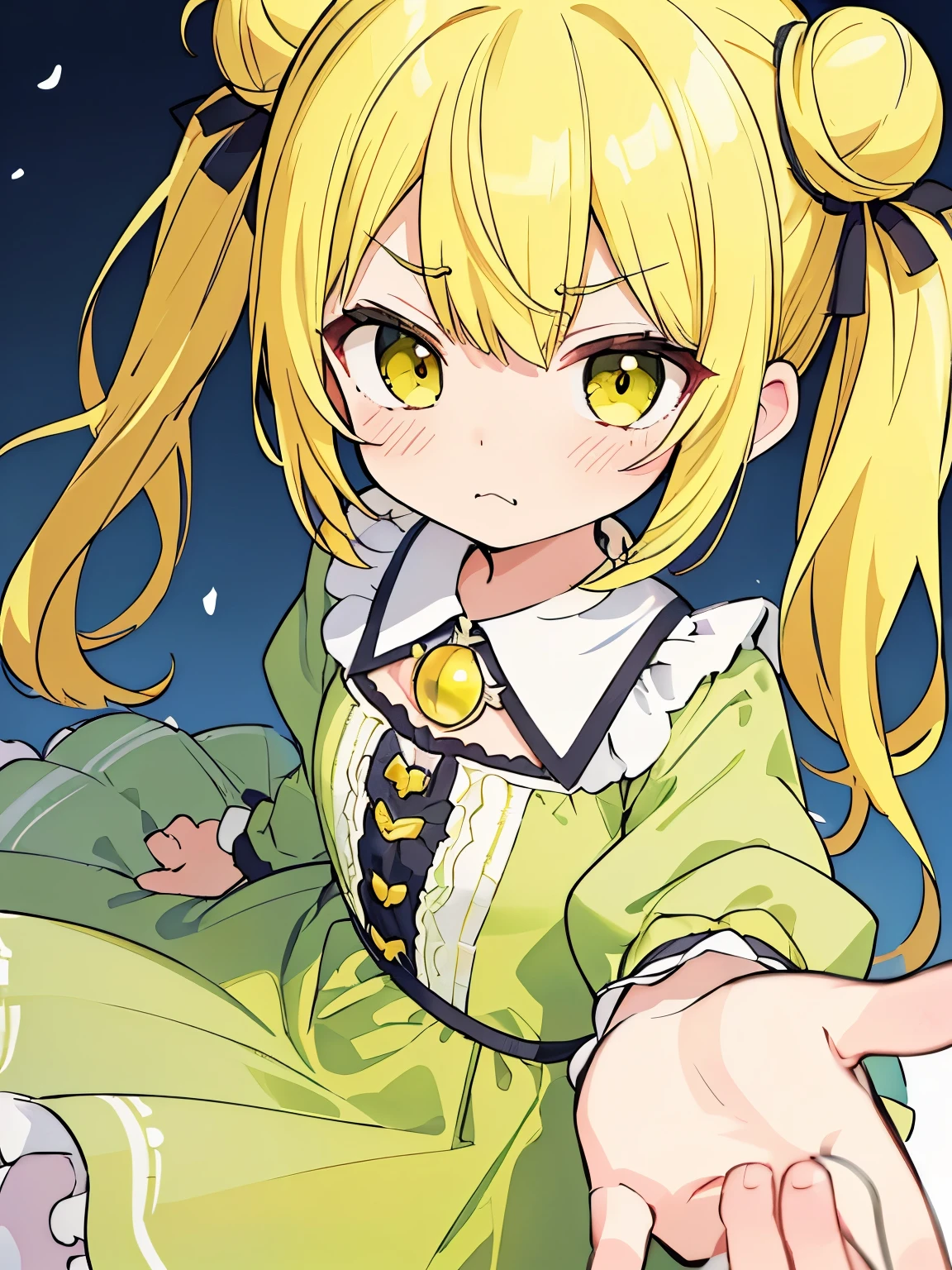 High resolution, (anime style etc..:1.1), ((pieces fly)), ((highest quality)), (Super detailed), (beautiful),cute face、(lift),pretty girl、(((twin tails、bun hair、yellow hair、)))(()Infidelity rotten、grumpy face)((Elegant green dress))
