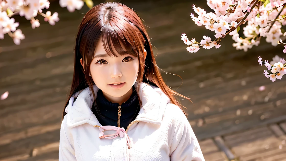 1 girl, coat, hood, Jacket, ((duffle coat)), down Jacket, lips, lipstick, Plaid, Plaid_skirt, realistic, skirt, alone, Are standing, highest quality, photorealistic, masterpiece, 8K, High resolution, alone, (((woman))), (Medium chest), ((looking at the viewer)), (looking at the camera), (short hair), (professional lighting, Bokeh),Angle seen from above, highly detailed face, Fashionable and trendy atmosphere, Japan, street, garden, river, cherry blossoms, cherry blossoms blossom, ((daytime)), (portrait:0.6), seductive smile, nice, floating hair, (particles of light, Lens flare, glowing particles:0.6), (dynamic pose:1.2), soft lighting, brown hair, whole body, narrow face, smile, camera,