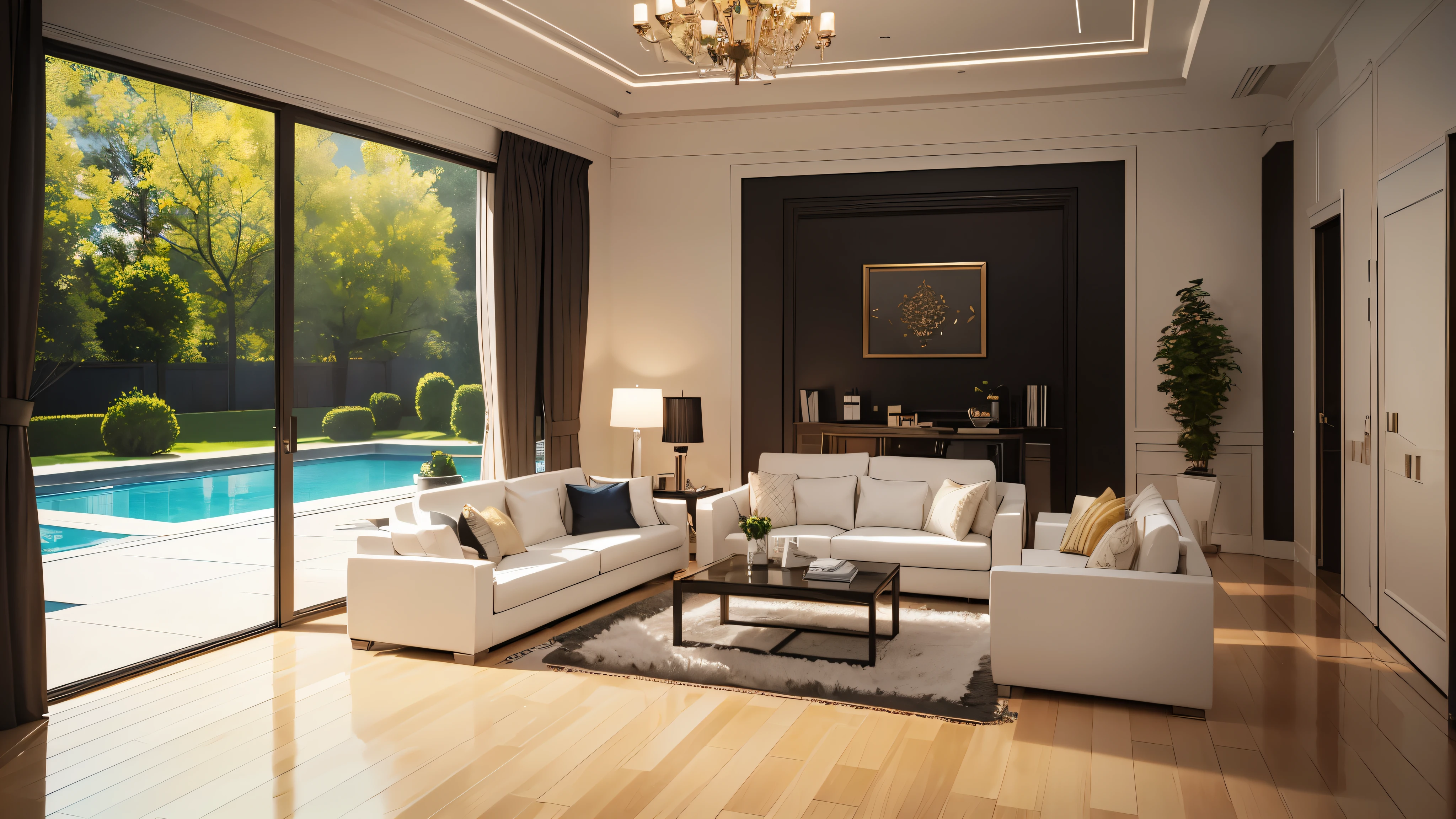 You are a famous interior designer、You have been asked to create a 3D image of a modern large room. Create a harmonious environment with modern and minimalist furniture. Including garden interior.