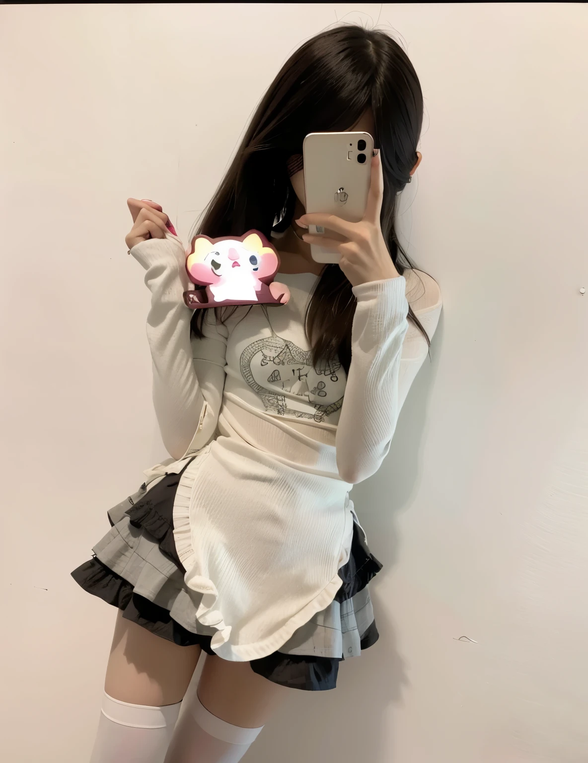Araf girl in white shirt and skirt holding mobile phone, and 2K cute core clowncore, ahegao, Urzan, cute core, Millennium bug, and 2K, sakimicchan, Change, 🪔 🎨;🌞🌄, outfit photograph, Chiho, Lovely, Shikami