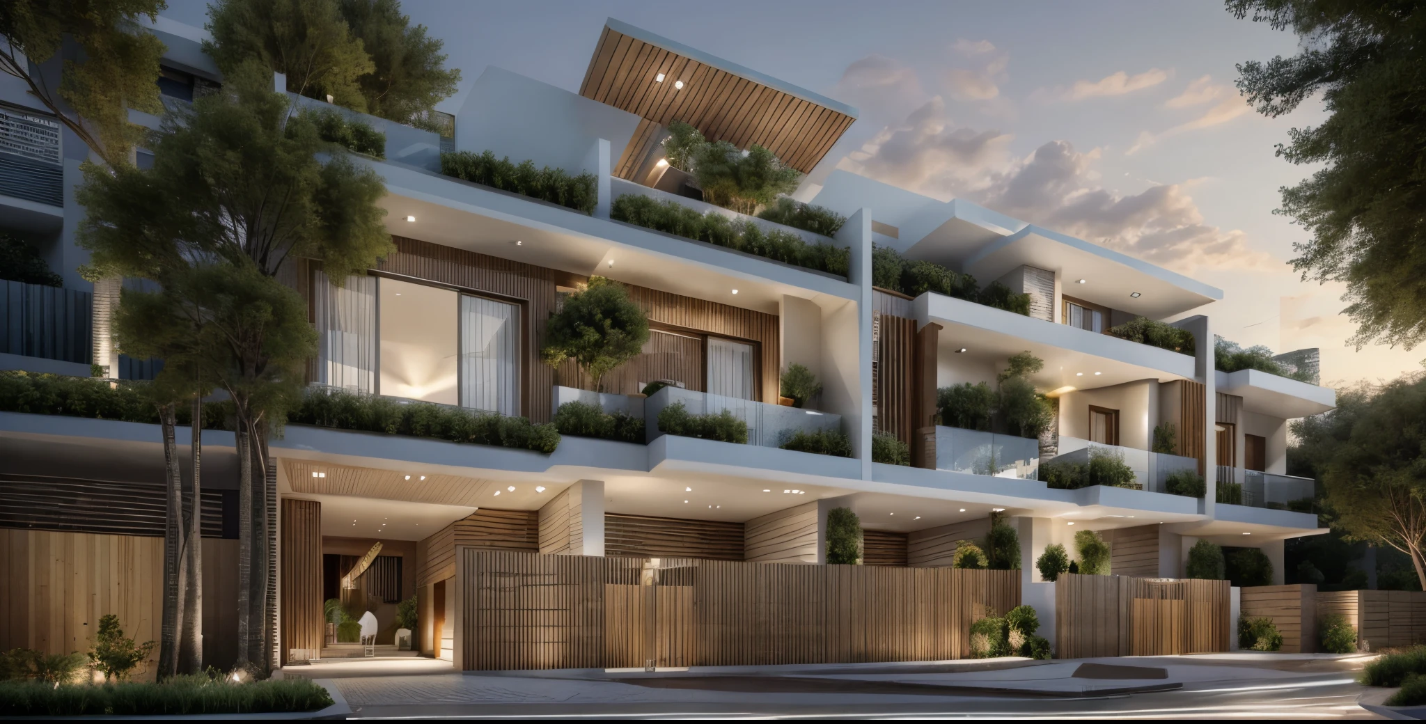 Exterior, house, luxury, modern style, reflective glass material, white wall paint, stone wall, wooden ceiling, in the city, crowded street, many cars, many people, many trees, Trees on the roof, sunrise, empty clouds, 8k, vray images