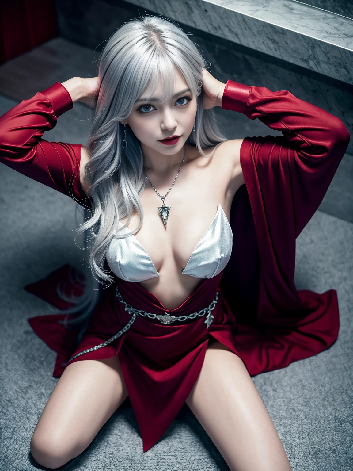 (photo realistic1.2),ultra detailed,(8K),(1girl),(Fantasy:1.5),(Vampire Castle),(bed),(vampire costume:1.5),(fang:1.2),(Vampiric items:1.2)topless,(small nipples),(big breasts: 1.2),nude gravure,beautiful Japanese, clothes in disarray,dangling earrings,skirt,(from above:1.5),(looking at viewer),(kneeling pose),smirk,(upper body),(spread legs:1.2),(silver hair),(medium hair),22years old,red eyes 