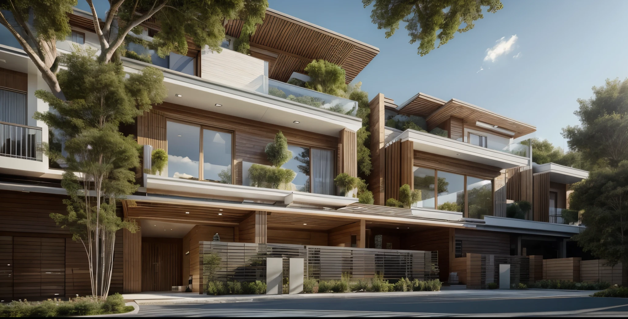 Exterior, house, luxury, modern style, reflective glass material, white wall paint, stone wall, wooden ceiling, in the city, crowded street, many cars, many people, many trees, Trees on the roof, sunrise, empty clouds, 8k, vray images
