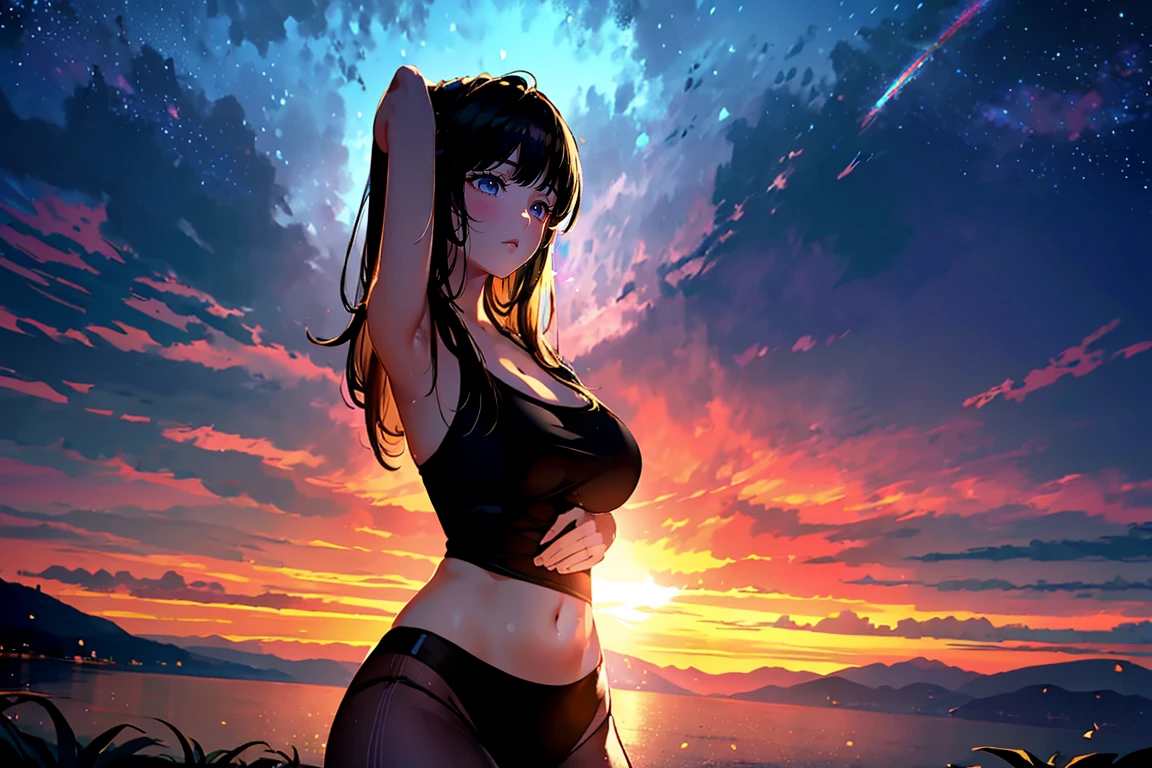 (highest quality,high resolution,(Ultra high fine mesh,4K), (ultra high resolution,8K),muste piece:1.2), (perfect anatomy,anatomically accurate), (angle from below), (soft lighting, rendering), Close ~ eyes, (girl doing yoga), (surrounded by nature), (((Shining magic circle))), Peaceful and calm background Beautiful and detailed eyes, flowing long hair, yoga clothes, elegant pose, soft and gentle lighting, (very detailed and beautiful face), professional photography techniques, Bright colors, natural light, (very detailed and beautiful face), (large breasts:1.3), (Mysterious, Fantastic), cowboy shot, mindfulness meditation