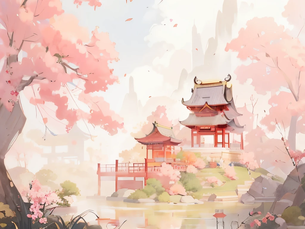 Painting of a pagoda in the park,There are ponds and trees, Chinese watercolor style, background artwork, landscape artwork, anime background art, anime background, A beautiful artistic illustration, background art, Japanese art style, anime art wallpaper 4k, anime art wallpaper 4k, Oriental wallpaper, Chinese fantasy, Dream China Town, anime landscape wallpapers, Anime beautiful peaceful scene