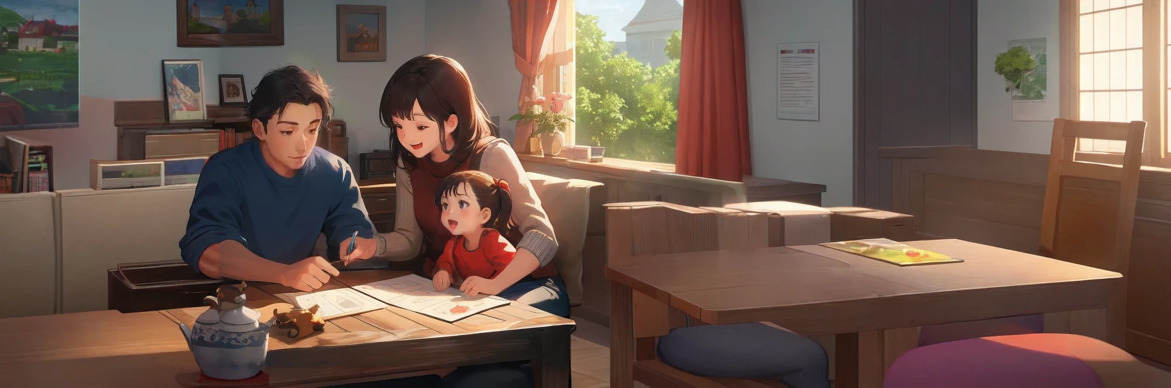 father sitting at the table,mother with child and a book, Artie Guéland 8K, Lovely numbers, Official illustration, Digital animated illustration, Detailed fanart, Artie Guélin style, Children's Art Art Station, Gurwitz style artwork, Realistic anime 3D style, High-quality fan art, official art,cozy atmosphere,joyful expressions,reasonable hands,Normal face,HD quality,reasonable figure,