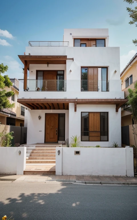 A complete front view of a 2 story Beautiful house with a terrace 