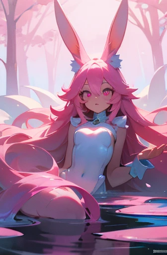 masterpiece, Hyper quality, Hyper detailed, perfect picture, alone, beauty, 1 girl, rabbit ears costume, alone, Peaceful look, long pink hair, enchanting eyes, tiny breasts, shiny skin, waterside