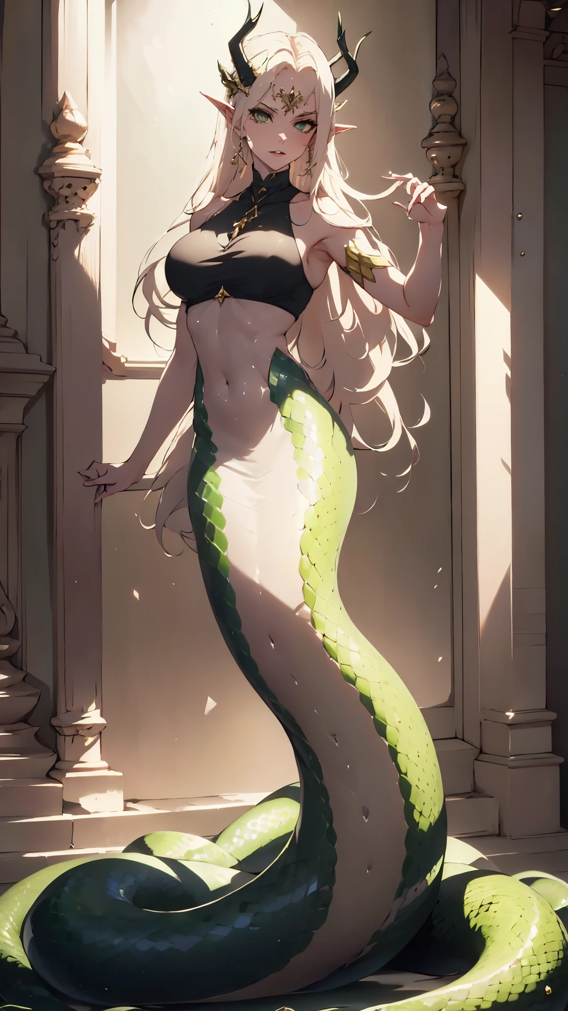 masterpiece，best quality，RAW photos，high resolution，green，The Art of Aptrus. queen of demons,has horns on its head, Medusa:1.3，（Mermaid:1.2），（elongated snake tail:1.3），once very beautiful, Sensual, enchanting,Big breasts and thin waist,  sharp black eyes,red lips，Looked up,（right hand），（（snake scale body）），full-body shot，dim lights (Olvik |)，Ultra-clear，8k