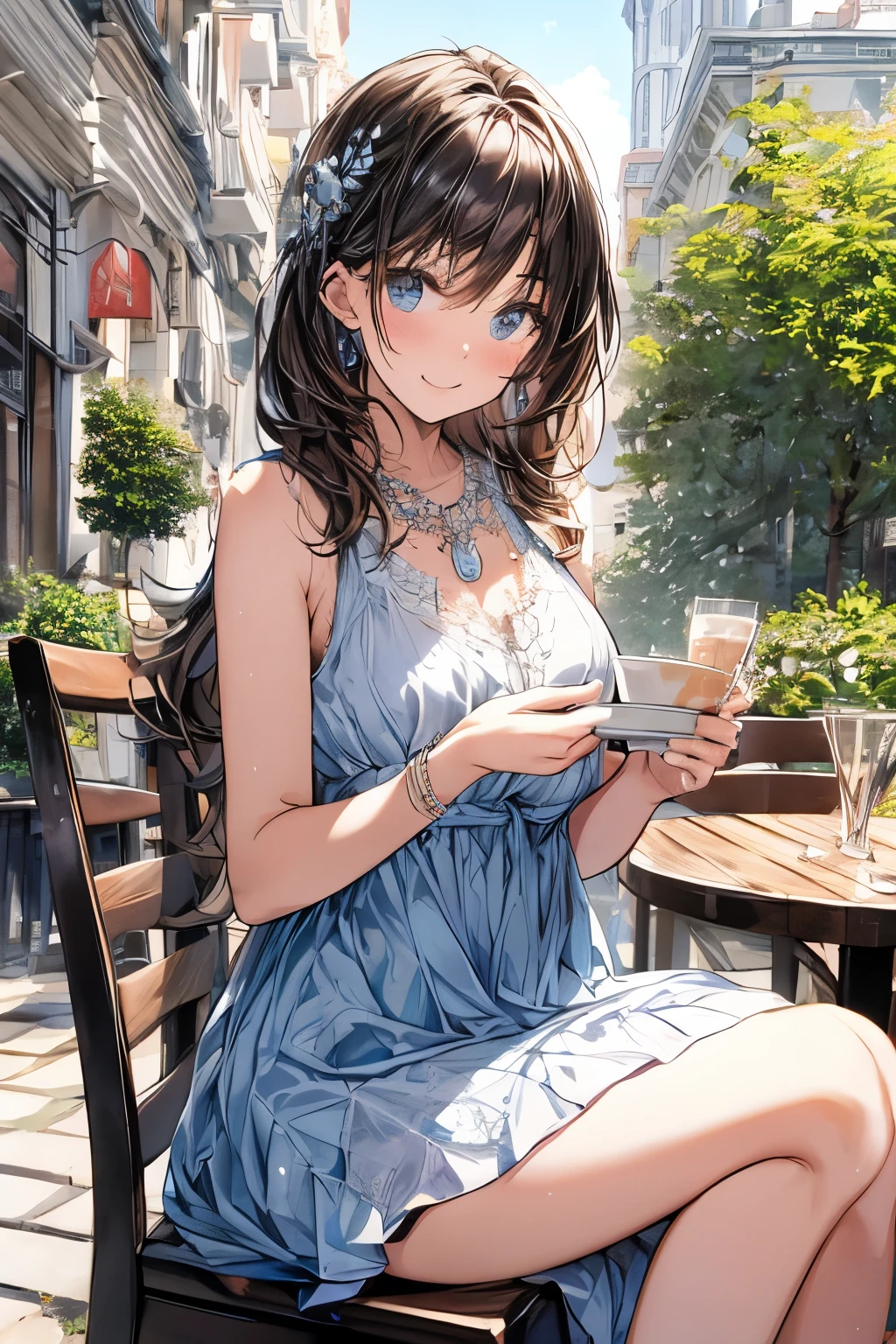 (higher resolution, distinct_image) The best quality, a woman, masterpiece, highly detailed, semi realistic, 26 years old, beautiful, young, handsome, interlaced white blue dress, small gem necklace on neck, exterior, cafe seat, window, sitting, afternoon, blush, smiling