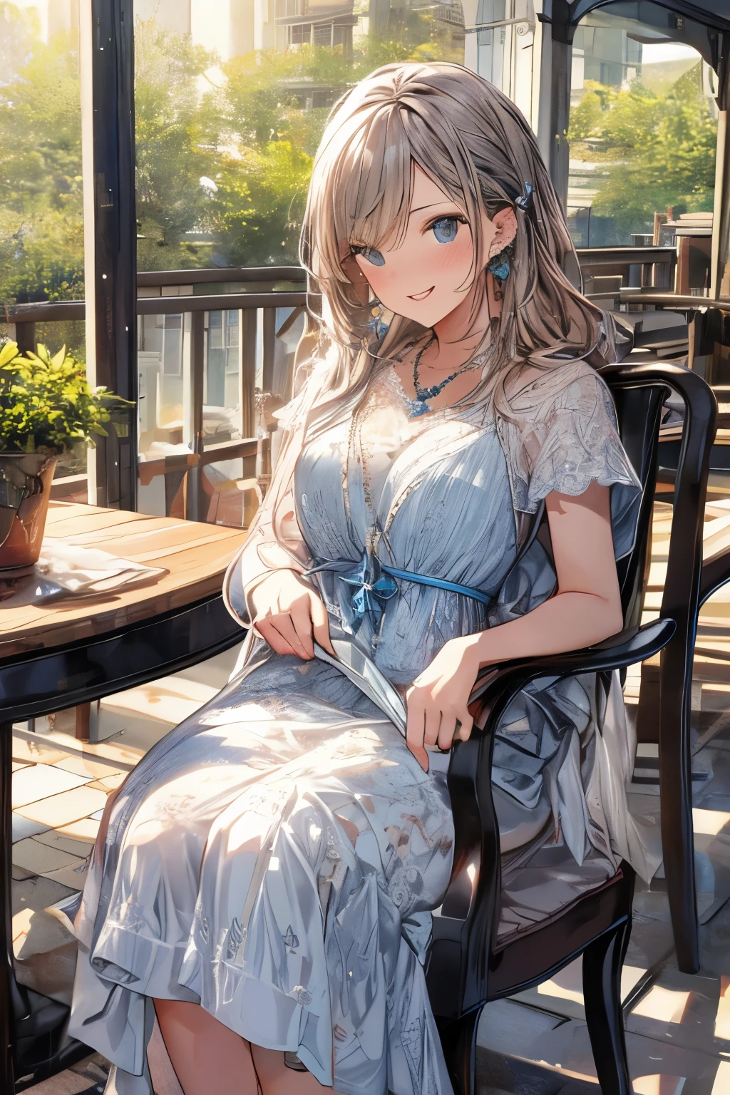 (Higher resolution, clearly_image) best quality, A woman, masterpiece, Very detailed, Semi-realistic, 26 years old, fair, young, Handsome, White and blue staggered dress, Small gemstone necklace around neck, External, Cafe Seating, window, sitting, afternoon, blush, Smile