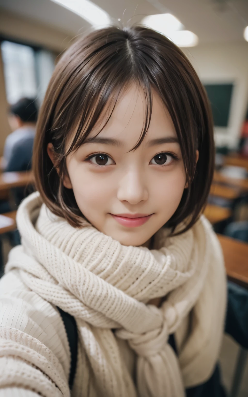 cute 21 year old japanese、School、University、During class、study、super detail face、pay attention to details、double eyelid、beautiful thin nose、sharp focus:1.2、Beautiful woman:1.4、(light brown hair,short hair、),pure white skin、highest quality、masterpiece、ultra high resolution、(Photoreal:1.4)、Highly detailed and professional lighting、nice smile、No exposure、Cute winter clothes、