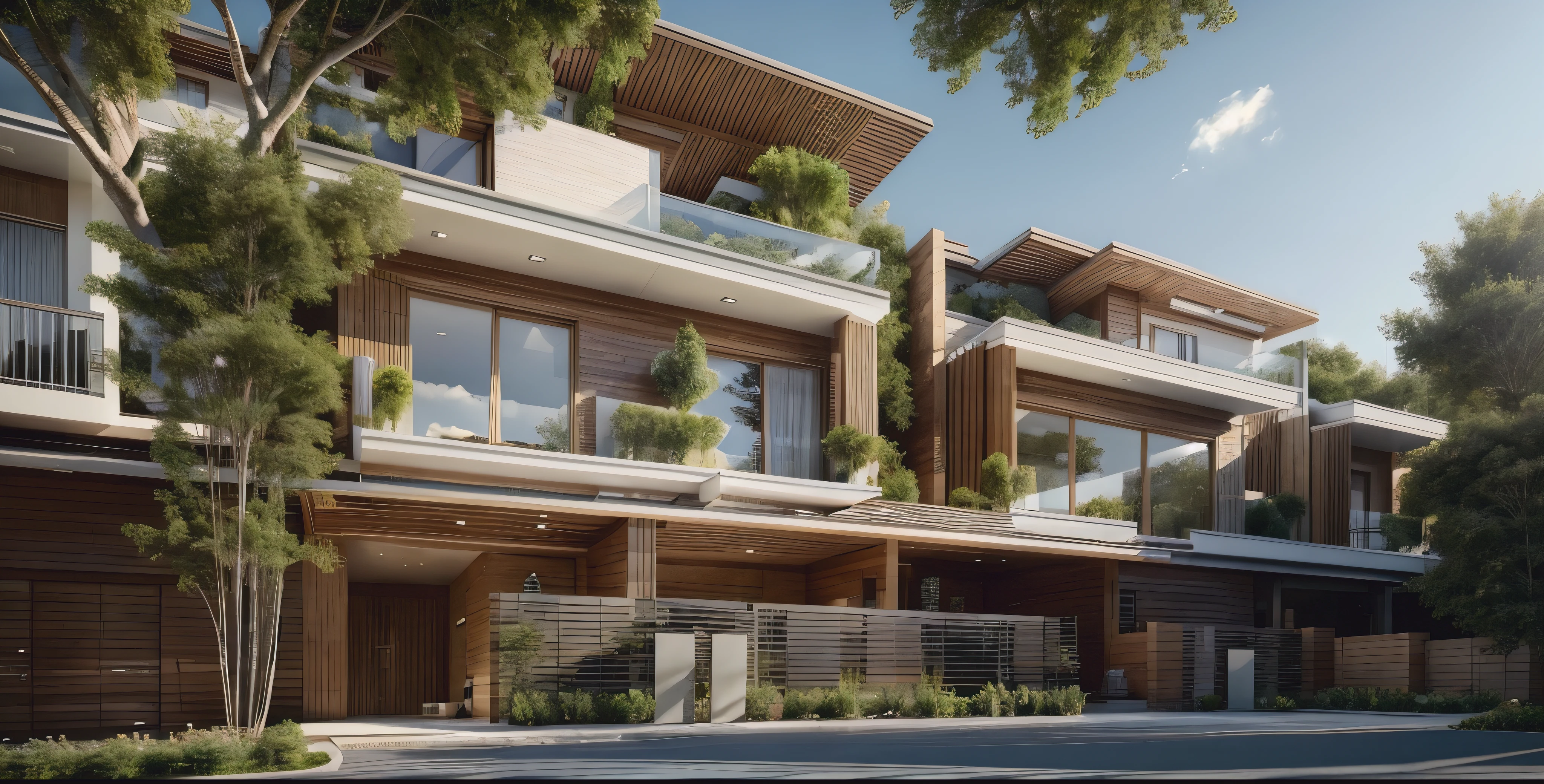Exterior, house, luxury, modern style, reflective glass material, white wall paint, stone wall, wooden ceiling, in the city, crowded street, many cars, many people, many trees, Trees on the roof, sunrise, empty clouds, 8k, vray images