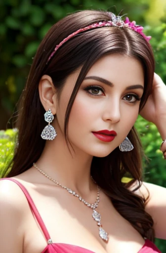 Lebanese woman, diamond dangling earrings, necklace, bracelets, small breasts, 40 years old, smokey eyes, cleavages, red lips, innocent face, pink fashion ball gown, stylish hairstyle, posing, modeling, garden background, sunshine, sunset