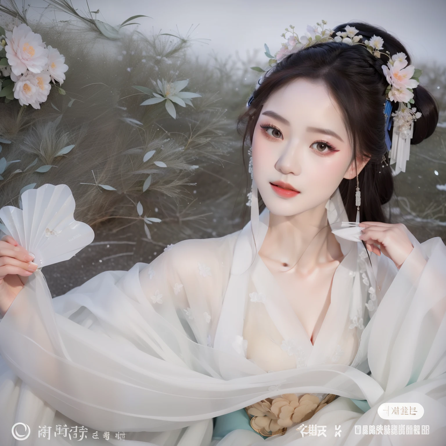 One wearing a white dress、drawing of woman holding fan, white hanfu, palace ， A girl wearing Hanfu, hanfu, ancient chinese beauties, wearing chinese clothes, Inspired by Tang Yin, Inspired by Qiu Ying, Inspired by Zhang Yan, Inspired by Gu An, chinese princess, guweiz style artwork, Chinese style