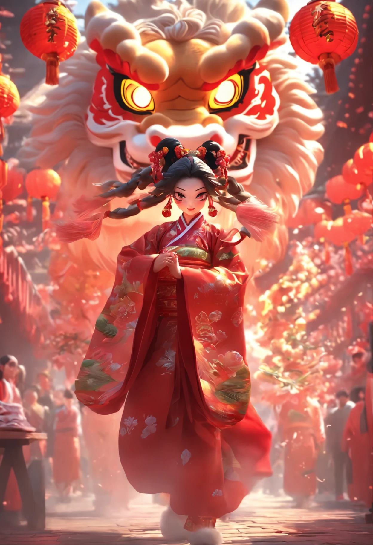 China-style,Guangzhou lion dance girl,highly detailed surreal vfx,Smudge,Faraway view,super-fine,ultra - detailed,high qulity,8K ,oc rendered,full body pov