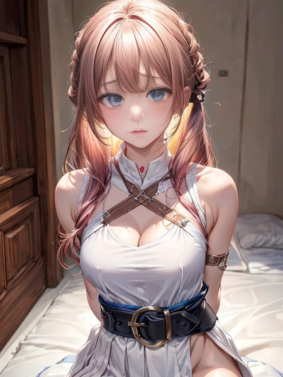 ((masterpiece)), ((best quality)), (ultra-detailed), nsfw, ((torture room)),(torture),(((single belt strongly bound waist))),a cute girl, 1girl, solo, (white mini tanktop onepiece dress),bound arms, restrained,(arms behind back),((thin waist)),large breast, slim, slender,bdsm,shibari,beautiful pink hair, beautiful blue eyes, (beautiful eyes), long hair,troubled expression