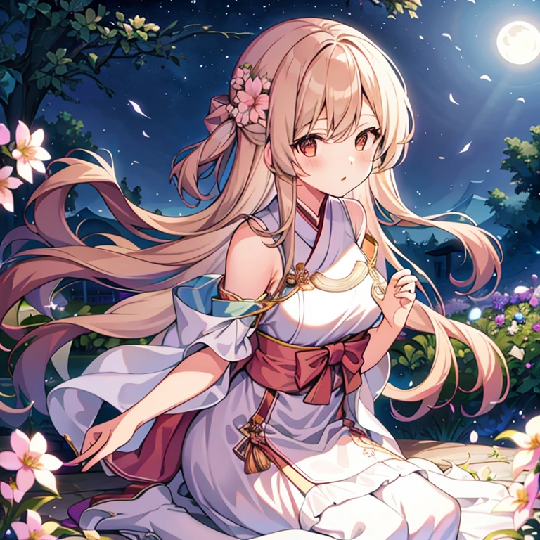 highest quality, expensive_solve, clear_image, detailed background ,girl, Hanbok,flower,garden,moon, night,