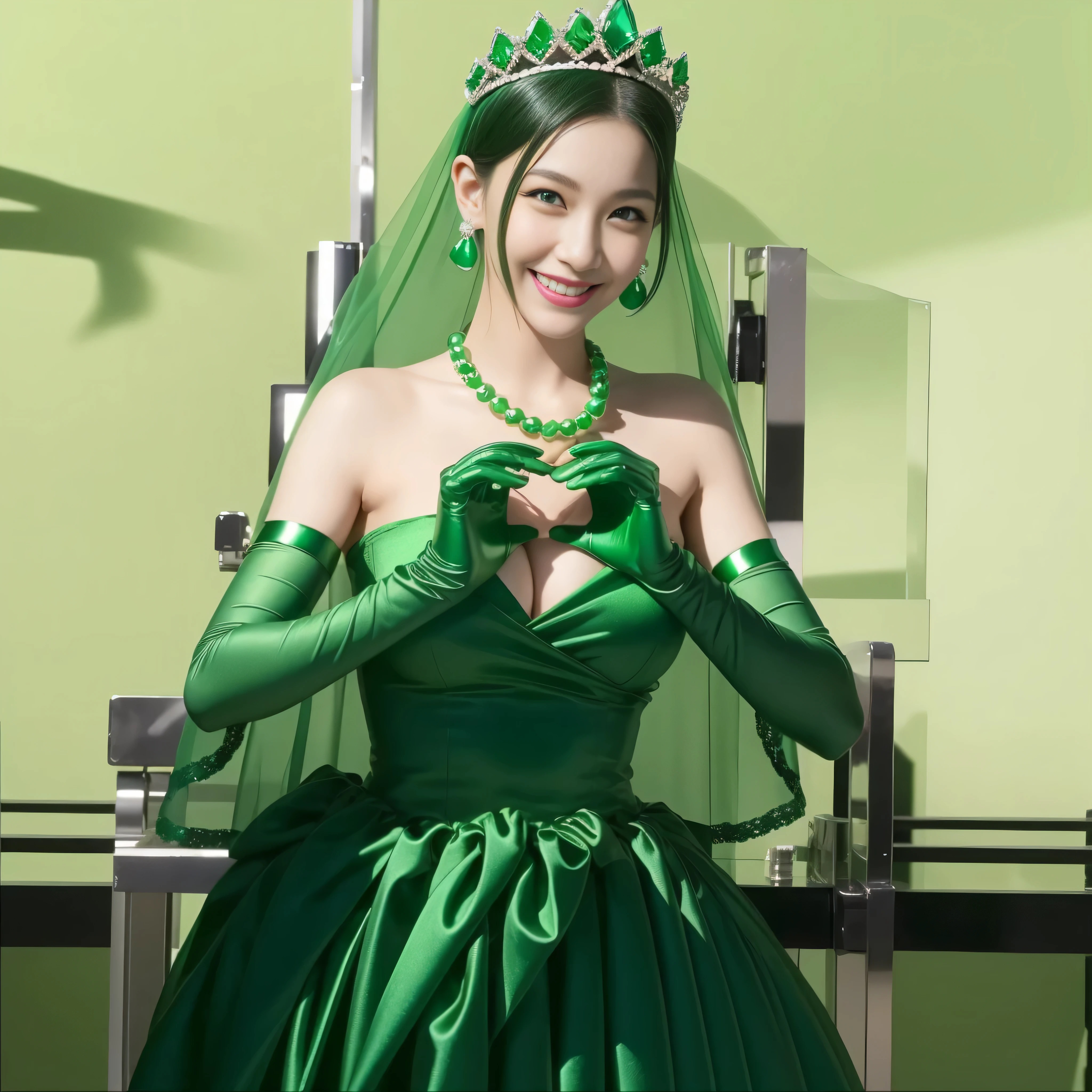 emerald tiara, green pearl necklace, boyish very short green hair, lipstick, smiling Japanese woman, very short hair, Beauty with large breasts, green eyes, Long Green Satin Gloves, green eyes, emerald earrings, green veil, heart with both hands