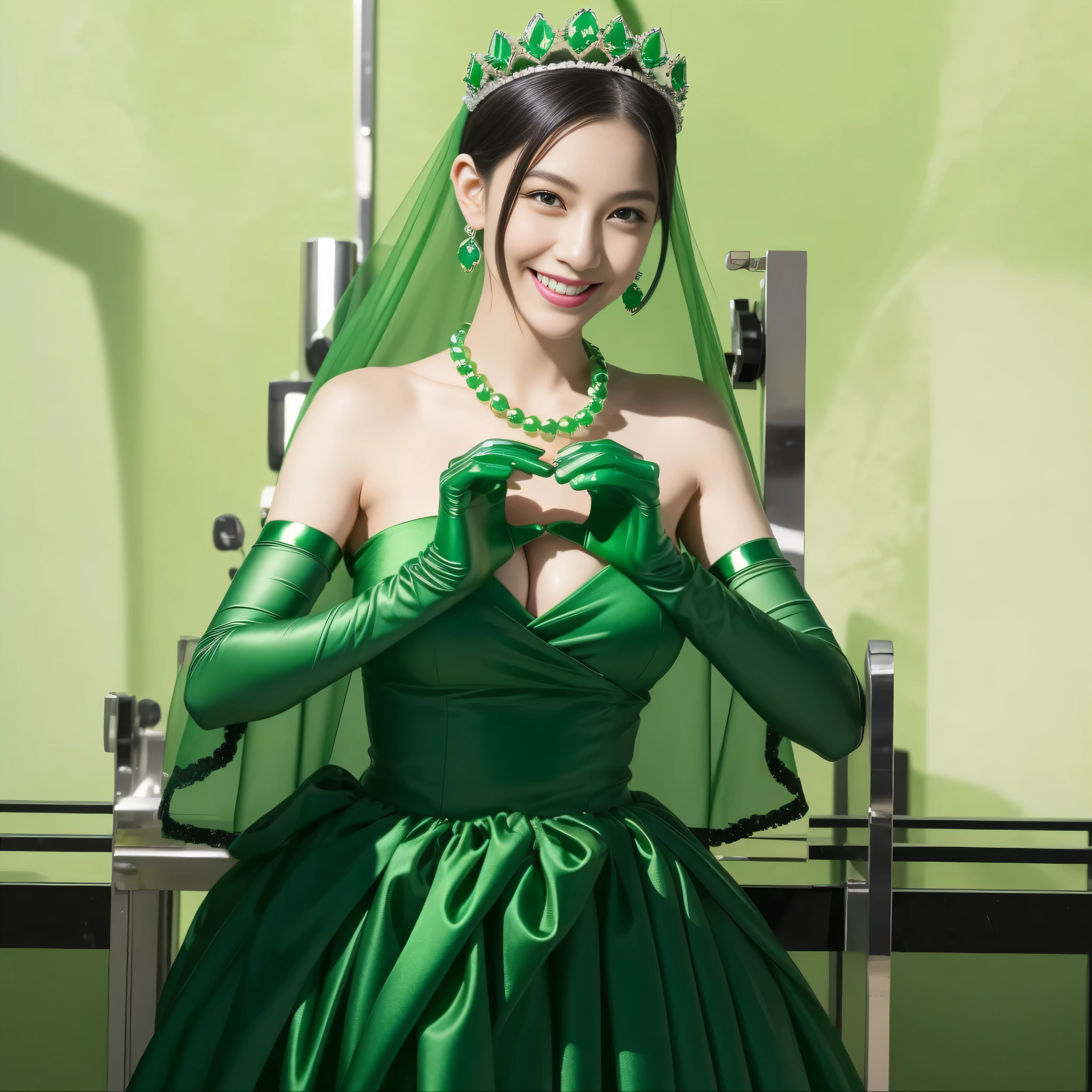 emerald tiara, green pearl necklace, boyish very short green hair, lipstick, smiling Japanese woman, very short hair, Beauty with large breasts, green eyes, Long Green Satin Gloves, green eyes, emerald earrings, green veil, heart with both hands