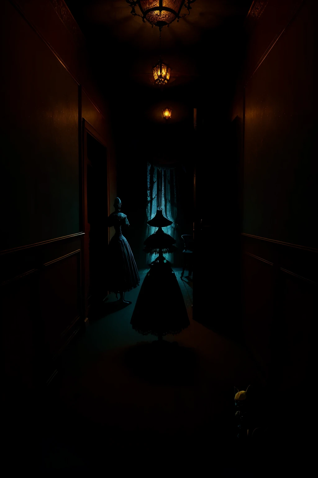 In the dimly lit room, a collection of eerie porcelain dolls stood, their glassy eyes staring out with a haunting intensity. Standing in the center, amidst this ghastly display, was a figure known only as Jason. The room was decorated in a bizarre and unsettling manner, with twisted props and macabre set pieces, creating an atmosphere that exuded an otherworldly fear. The lighting design was meticulously crafted to enhance the surreal nature of the scene, casting eerie shadows and highlighting the twisted contours of the dolls. The storyline unfolded with a strange and inexplicable narrative, evoking a sense of unease and suspense, as if the boundaries between reality and nightmare were blurred. The entire composition was rendered in the style of a Hollywood movie