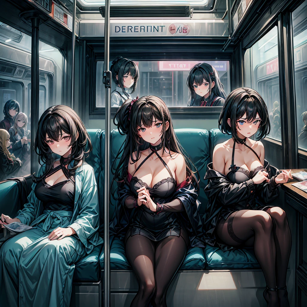 NSFW, (Three women fill the screen:1.6), masterpiece, high quality, high contrast, high definition, high resolution, realistic animation style, (three sexy beautiful working women, They are glaring at each other with a different face:1.2), feeling uncomfortable surrounded by many crowded train. The focus is on the natural expressions of the characters, with dim lighting, expressive eyes, and cramped poses. The women are dressed in casual wear and are slim and delicately attractive. The setting is a crowded train car during commuting hours, emphasizing the confined space, Translated with www.DeepL.com/Translator (free version) richly drawn and delicate