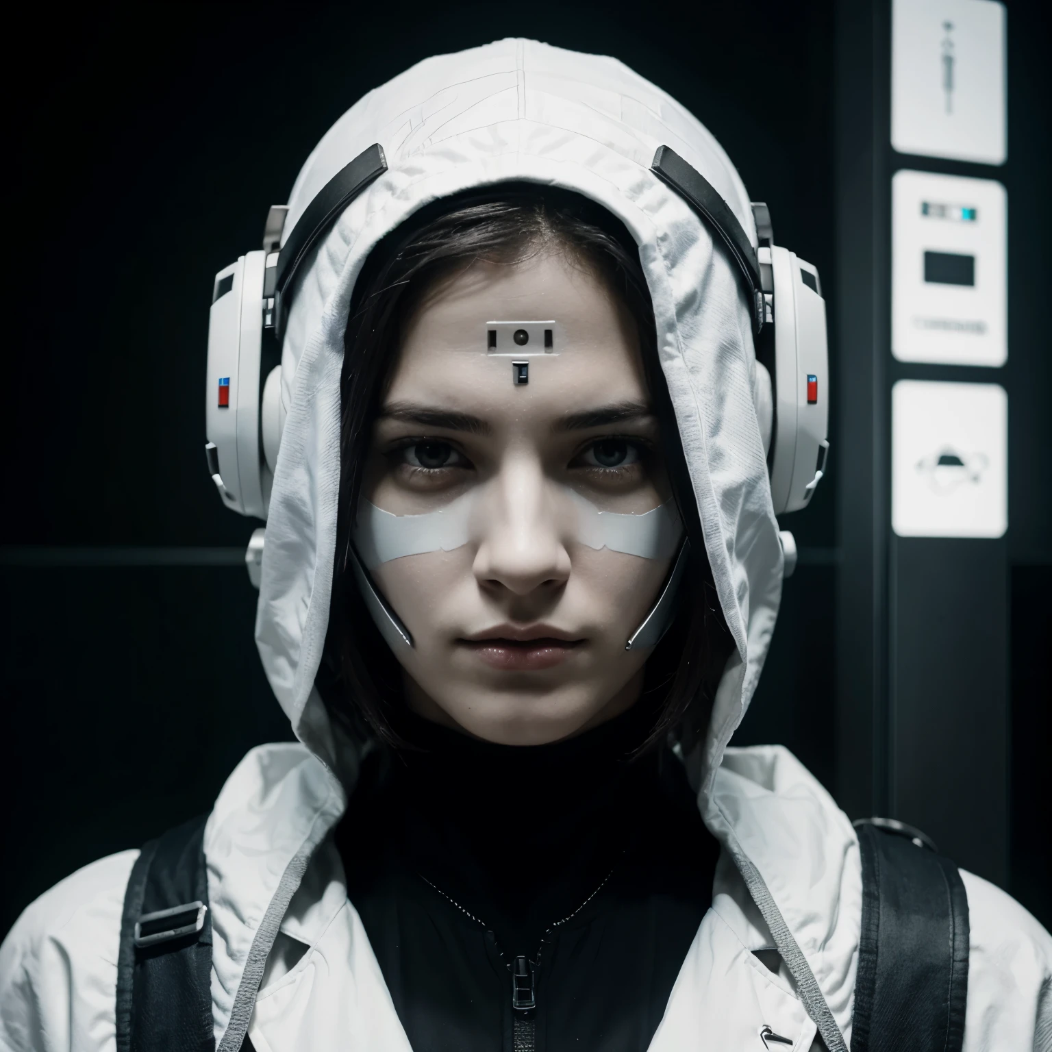 Criar um home de frente com capuz, hacker, white mask, technological, cyberpunk, realista, dark , 