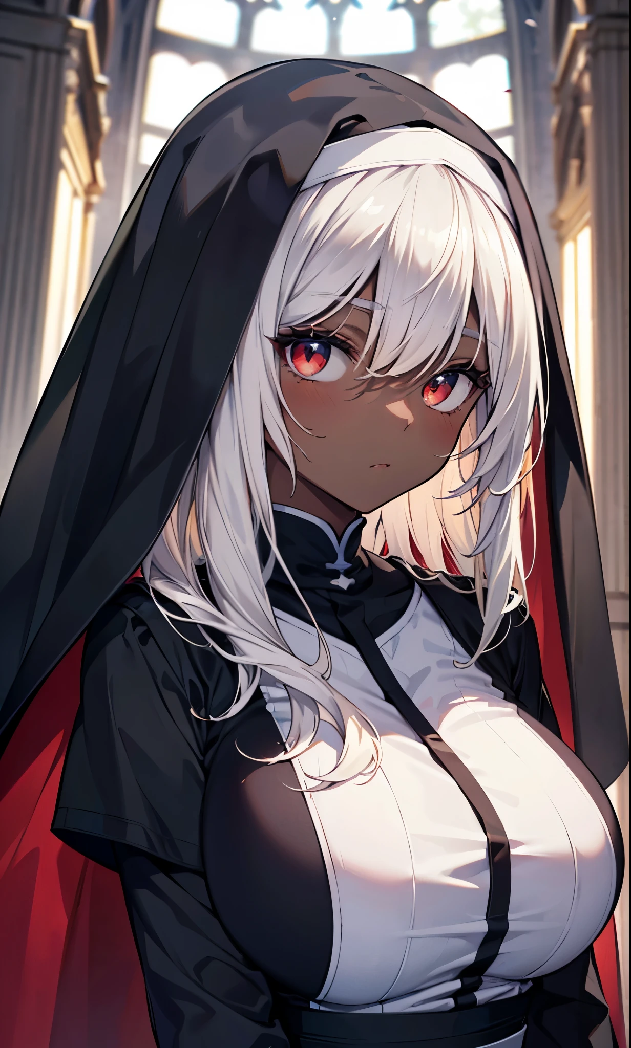 (surreal), (illustration), (high resolution), (8k), (Very detailed), (best illustration), (beautiful and delicate eyes), (best quality), (super detailed), (masterpiece),, (Detailed face), alone, 1 girl, long white hair, Elf，((dark black skin))，red eyes，卓尔Elf，Different worlds，nun，saint，Sacrificial clothing，dark，bust，hero，(super gigantic )，underwear，sacred