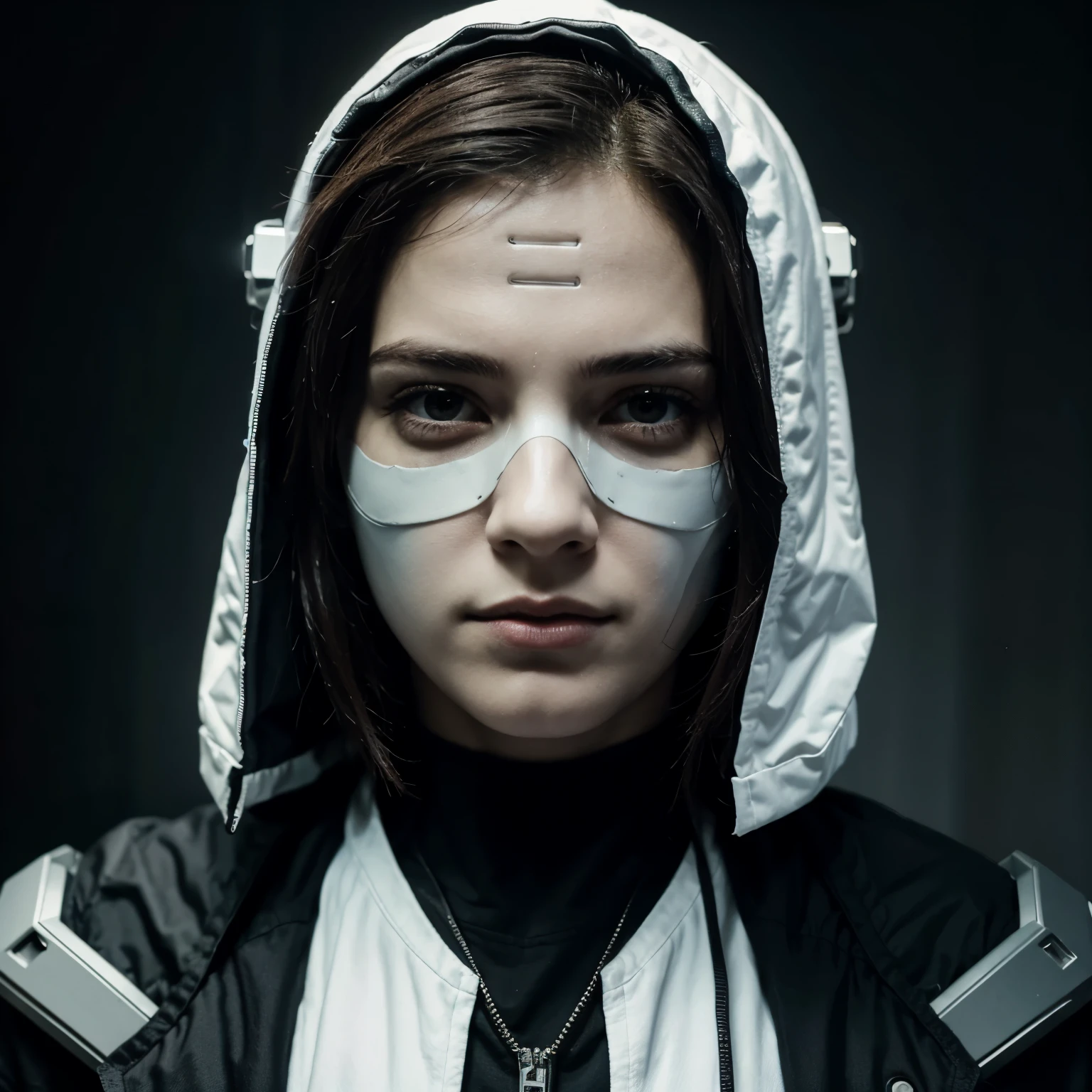 Criar um home de frente com capuz, hacker, white mask, technological, cyberpunk, realista, dark , 