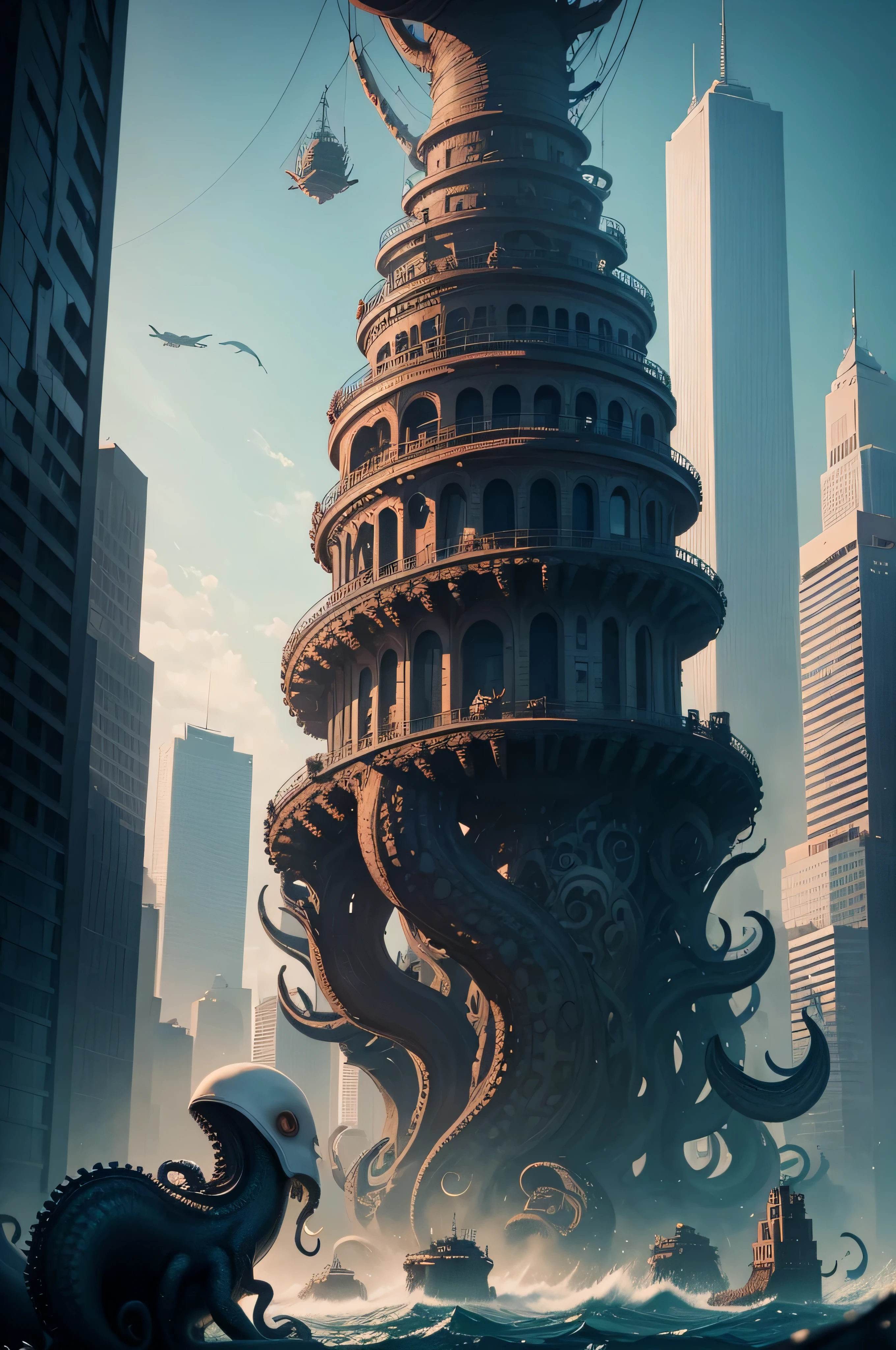 kraken, squid monster, towering over city