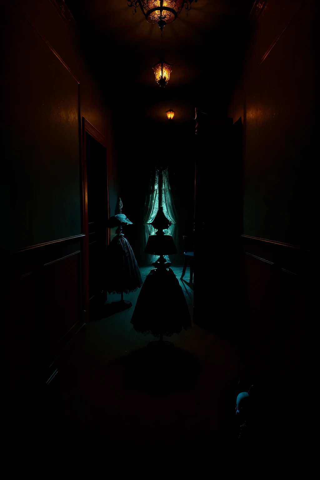 In the dimly lit room, a collection of eerie porcelain dolls stood, their glassy eyes staring out with a haunting intensity. Standing in the center, amidst this ghastly display, was a figure known only as Jason. The room was decorated in a bizarre and unsettling manner, with twisted props and macabre set pieces, creating an atmosphere that exuded an otherworldly fear. The lighting design was meticulously crafted to enhance the surreal nature of the scene, casting eerie shadows and highlighting the twisted contours of the dolls. The storyline unfolded with a strange and inexplicable narrative, evoking a sense of unease and suspense, as if the boundaries between reality and nightmare were blurred. The entire composition was rendered in the style of a Hollywood movie