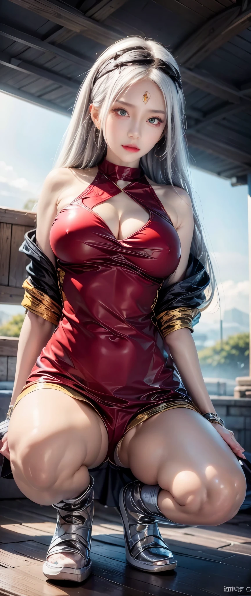 realistic, 1 women, best quality, 12k, HD, long hair, big round breasts, cleavage, ponytail, necklace, jewelry, shorts, short jacket, slim hips, hair tie, yellow eyes, black hair, super detailed, Eye details, hair details, person details, mouth details, face details, breast details, clothes details, hair details, pants details, hand details, whole body