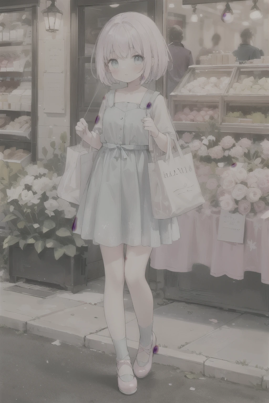 1 girl, Full body, blue and pink clothes, short hair, shopper, жовтий shopper