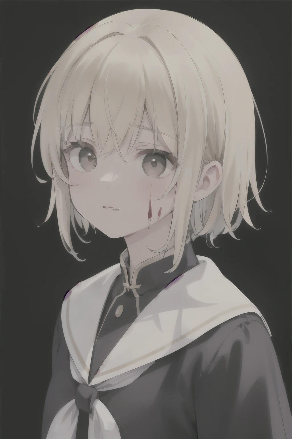 (black background, high resolution: 1,2, realistic, ultra detailed, horror: 1,1, Dramatic lighting: 1,1), blond girl with brown eyes in a school uniform, her eyes are wide with a surprised look, blood splatters all over his face and uniform. Темні кольори підсилюють атмосферу horrorів, and shadows add depth to the scene. The lighting casts dramatic shadows, emphasizing the eerie and tense atmosphere.