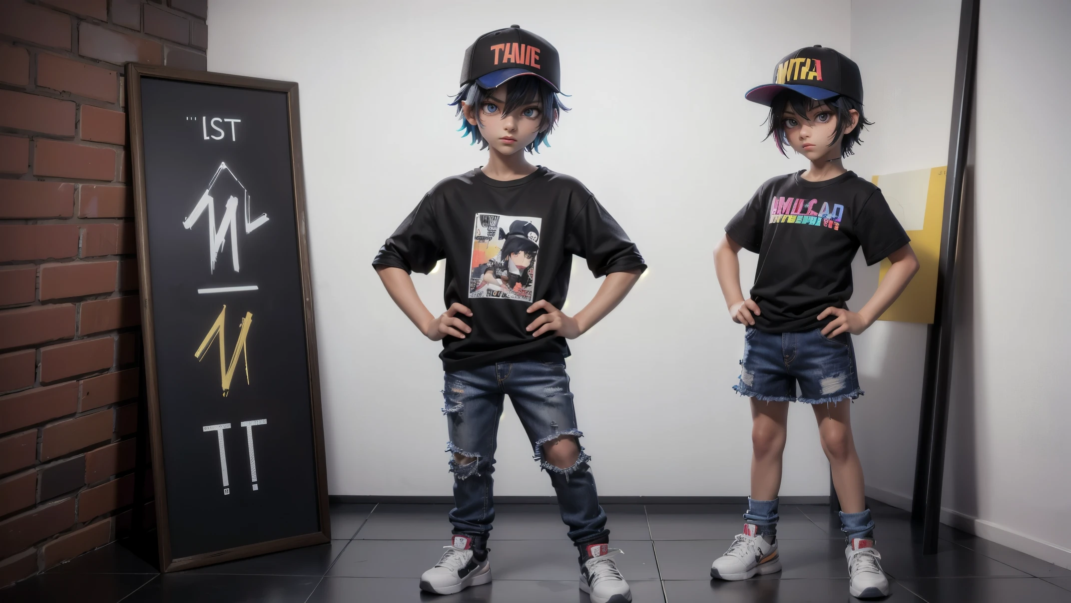 hip hop Boy, hip hop style wearing t-cap, haired, hip hop boy,, funny hairs,,black eyes, casual colorful hip hop dress, colorful t-shirt & jeans colorful clothes, casual hip hop colorful t-shirt & jeans colorful clothes, ,, casual stylish,, casual stylish clothes , colorful t-shirt & jeans colorful clothes, hiphop boy, full body, simple white background, concept art, full body adoptable horizontal clear character style sheets, casual hip hop style clothes, boy 12 y,earing t-cap,, boy, beautiful simple eyes,, +3 views standing pose, 3 view drawings, side and front and back, character sheet, facing camera, standing straight, white background, bright image, character sheet
