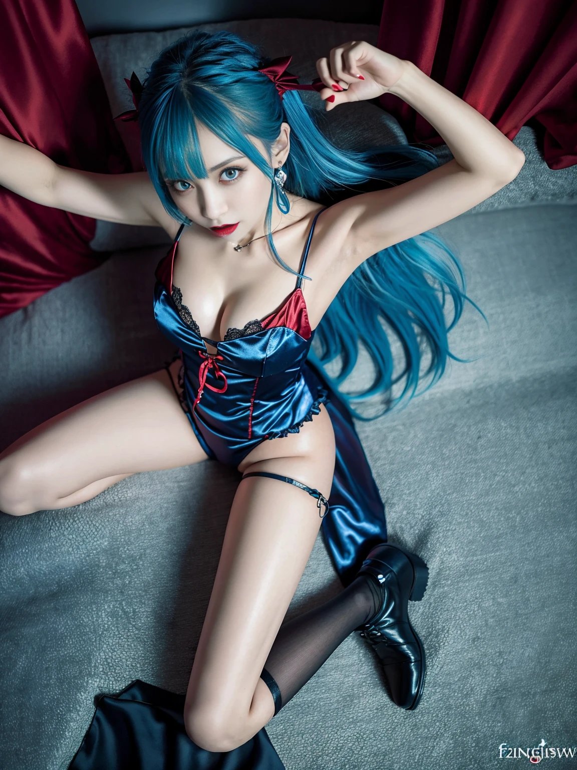 (photo realistic1.2),ultra detailed,(8K),(1girl),(Fantasy:1.5),(Vampire Castle),(bed),(vampire costume:1.5),(fang:1.5),(Vampiric items:1.2)topless,(small nipples),(big breasts: 1.2),nude gravure,beautiful Japanese, clothes in disarray,dangling earrings,(short pants:1.2),(from above:1.5),(looking at viewer),(kneeling pose),smirk,(upper body),(spread legs:1.2),(blue hair),(half-up, half-down),22years old,red eyes