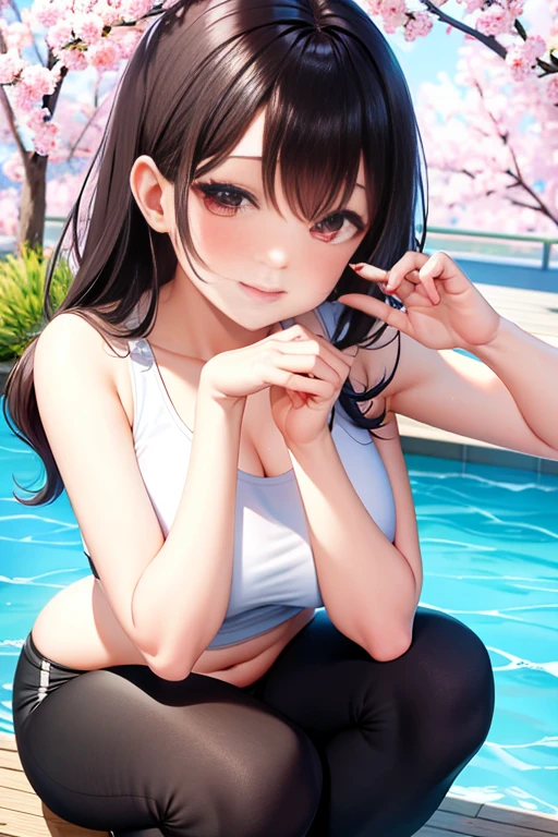 (best quality,4k,8k,highres,masterpiece:1.2),ultra-detailed,(realistic,photorealistic,photo-realistic:1.37),ponytail,black hair,high school girl,mini skirt,poolside, all fours,sunlight,bright colored clothes,slightly exposed necklin, White camisole、Bright blue miniskirt