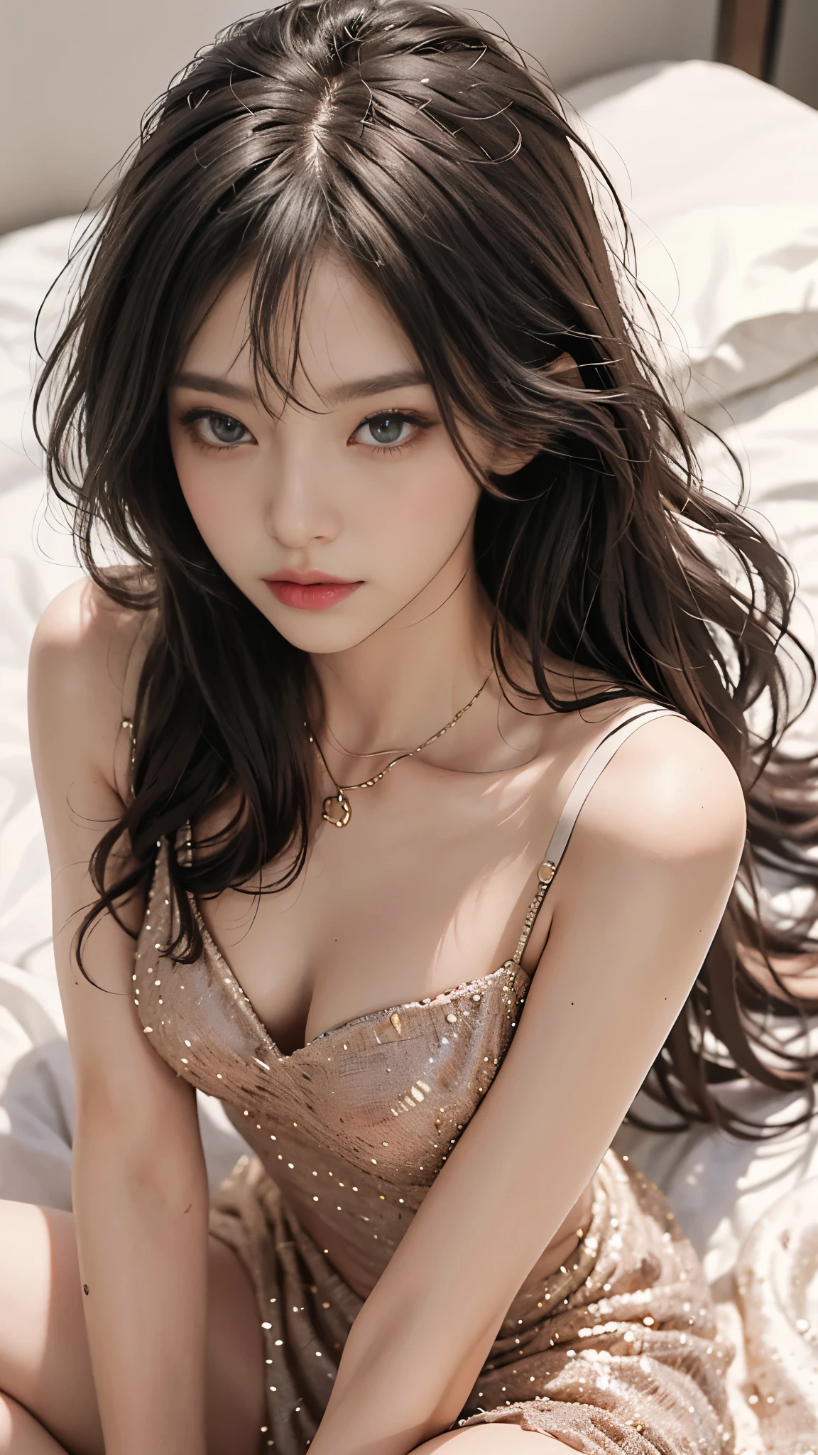 Special clothes47,jewelry,dress, ((knee shot)), beautiful legs, slender legs, lying down, flat lay, flat lay在床上, Propped your elbows on the bed, ((from above)), (top quality, 8k, masterpiece: 1.3), beautiful woman with perfect body: 1.4, dark brown hair, Wear a pendant, Highly detailed face and skin, delicate eyes, double eyelids, best quality, masterpiece, (lifelike: 1.4), a woman, golden ratio, perfect face, slim body, pretty face, bright smile, Gloss, emphasize, Gloss, Bangs, Refreshing charm, elegant, shining, elegant姿势, masterpiece, best quality, (fidelity, fidelity: 1.37), 8k, very delicate and beautiful, amazing, Exquisite details, ridiculous, File size is huge, Very detailed, beautiful and delicate woman, Very detailed eyes and face, 美丽delicate eyes, transparent double, big eyes, There is light on the face, a woman, (perfect female figure), thin waist, Feminine Expressions, overwhelming charm, White background, light background, Gloss on skin, Gloss on face, Gloss on chest