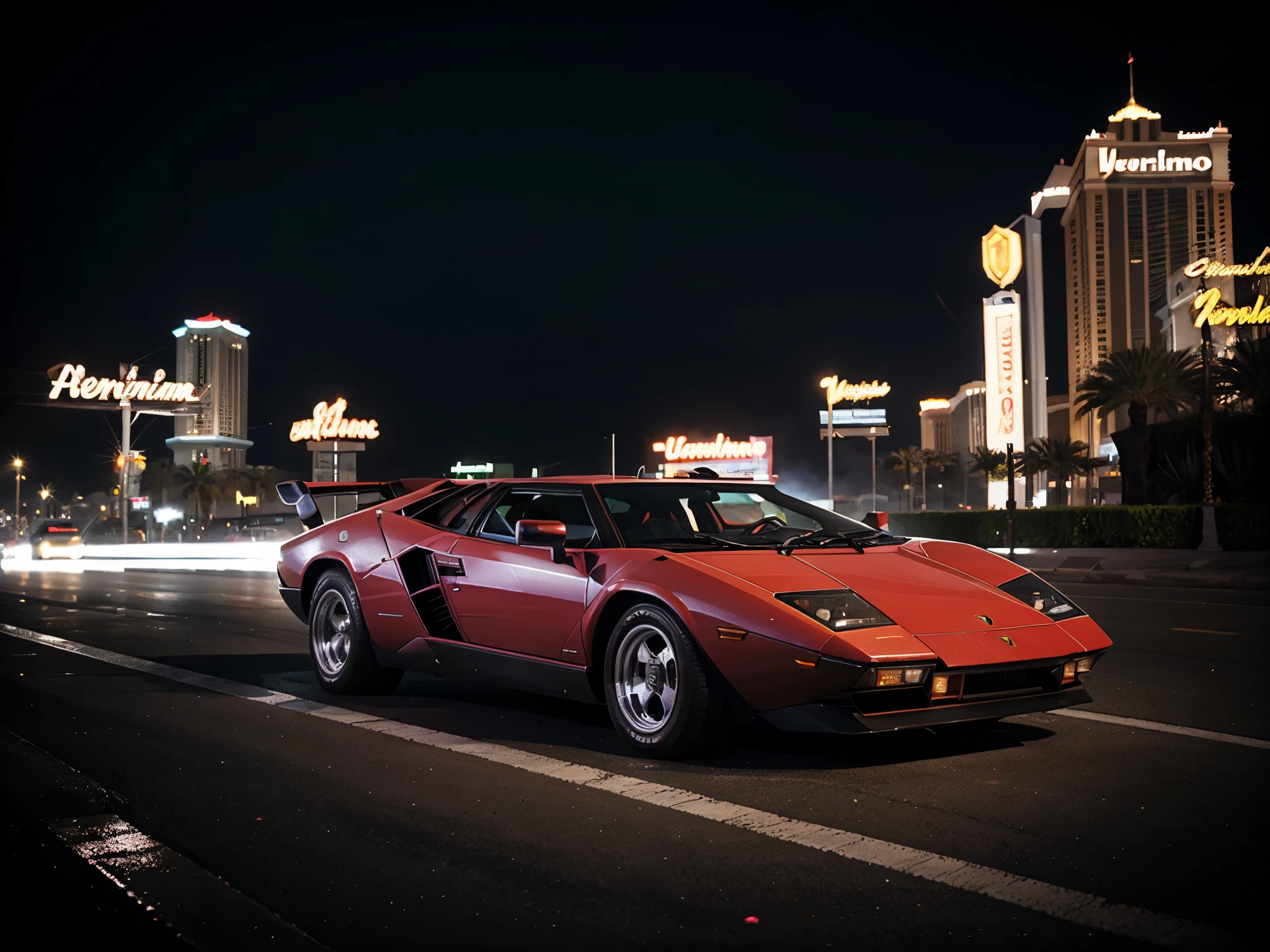 lamborghini countach in las vegas, neons, foggy weather