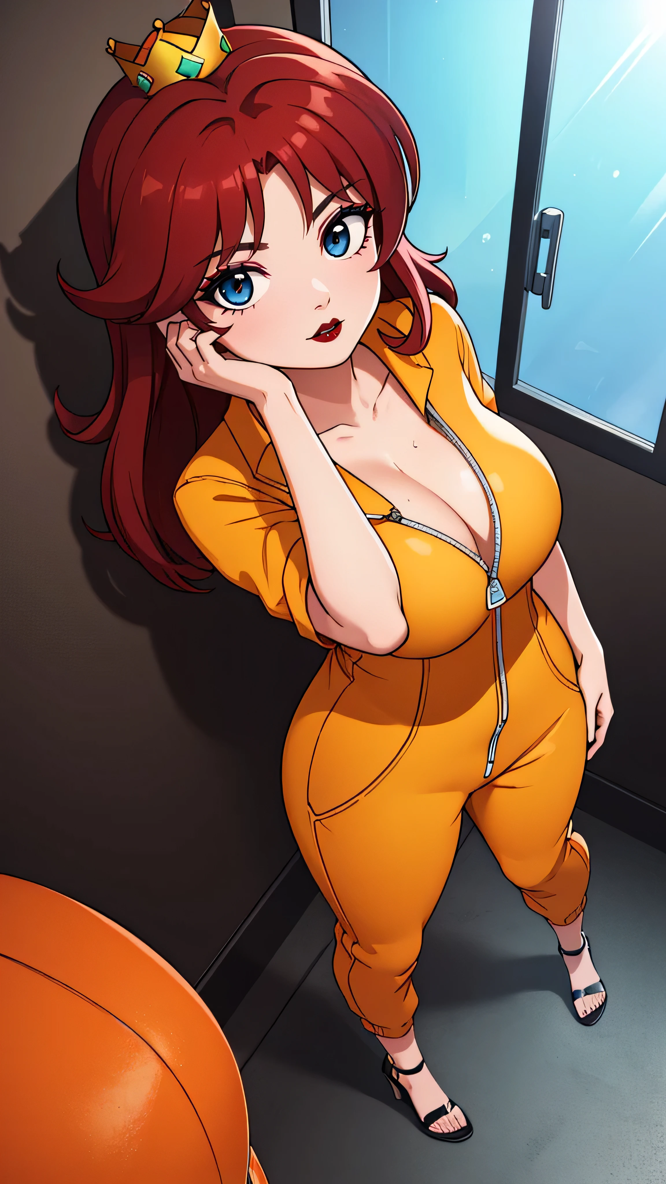 ((high detailed, best quality, 4k, masterpiece, hd:1.3)), ((best quality)), (((HD))), (((8k))), (ultraDH), (ultra HD), Shower_room_background, shower room, Getting out of the shower, Soothing Shower, sunlight through the window, window, wooden room, Princess Daisy, BREAK neon blue eyes, seductive, attractive, shy_smile, smooth anime cg art, 36C_breasts, cleavage, 36C cleavage, long legs, vivid colors, detailed digital art, slim body, perfect skin, dark red hair, long red hair, dark hair, red hair, long_dark_red_hair_over_breasts, dark_red_hair_over_breast, wet hair, wet red hair, wet_dark_red_hair, wet_dark_red_hair_over_breast, BREAK crown, looking at viewer, BREAK looking at viewer, extremely detailed face, (orange and white jumpsuit), (Jumpsuit:1.5), (orange and white racing suit), (racing suit:1.5), (orange high heels), full body, earrings, gem, dark gothic eyeshadows, dark eyeshadows, black eyeshadows, black_sexy_lips, black lips, dark lips, gothic painted lips, dark_black_lips, very dark lips, black_painted_lips, (very thin lips), thin lips, detailed lips, (dark:1.2), (perfect hands, perfect anatomy), black makeup, detailed fingers, five fingers per hand, 5 fingers, (1 girl), (solo:1.3), (breast focus), (breasts out:1.3), (from above:1.3), (hands behind head:1.3),