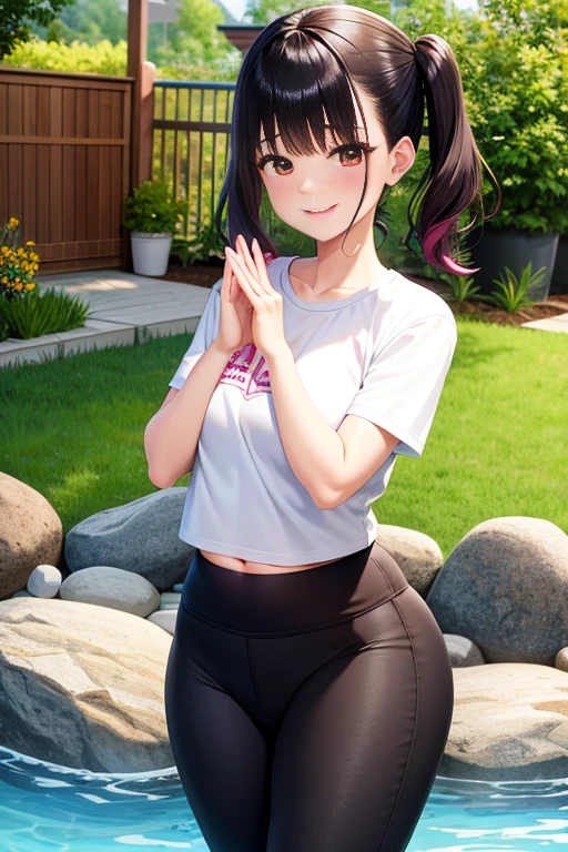 Super detailed,masterpiece,best quality,harf,View,blush blush,Yazawa Nico,red eyes, Blunt hair, 1 female、White clothes、The belly is visible,White bun hairstyle, black hair color hair、chubby、Smile、pale pink lips、Spring water,hot spring,Soaked all over,oestrus,Blushed,visible、Black yoga pants,Hands together
