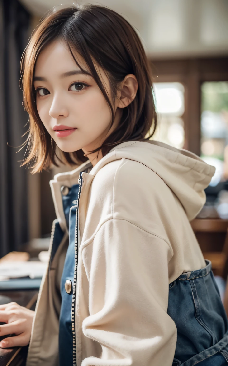 cute 21 year old japanese、School、University、During class、super detail face、pay attention to details、double eyelid、beautiful thin nose、sharp focus:1.2、Beautiful woman:1.4、(light brown hair,short hair、),pure white skin、highest quality、masterpiece、ultra high resolution、(Photoreal:1.4)、Highly detailed and professional lighting、nice smile、Show the whole body、cute colorful winter clothes、