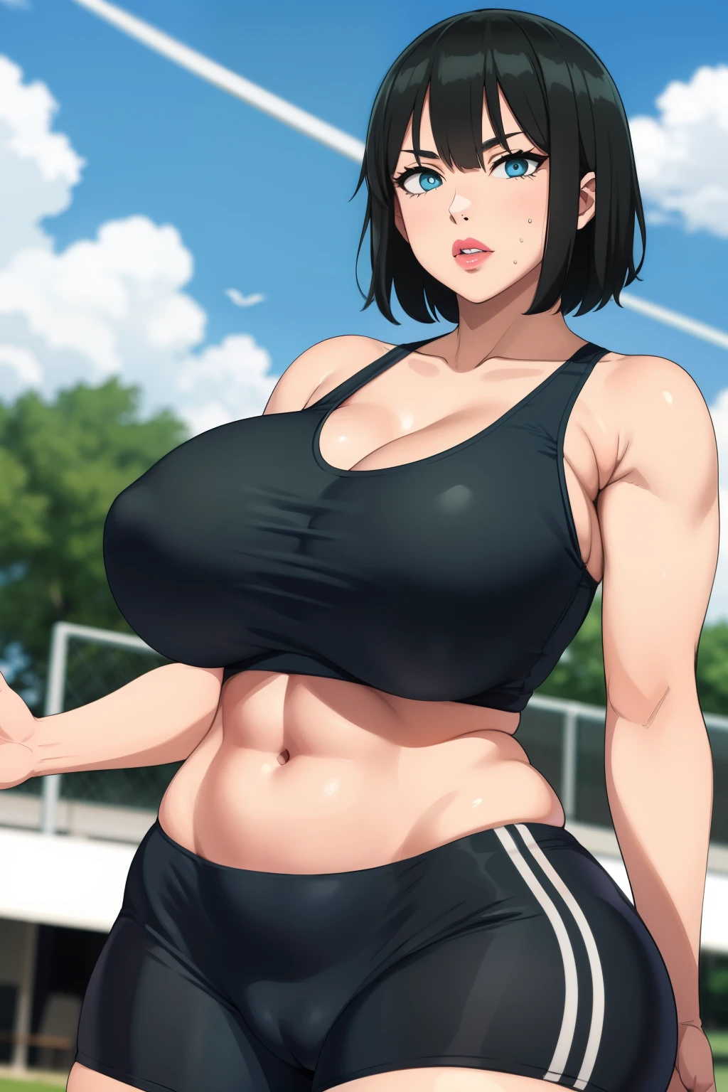 Fubuki, 1girl, ((bimbo))), short green hair, blue eyes, puffy lips, painted lips, thick lips, wide hips, thick thighs, huge ass, bimbo face, cleavage, looking at viewer, puffy lips, craving lust face, huge natural breasts, cleavage, mature mom, perfect face, perfect eyes, outdoors, sports bra, sports shorts, cameltoe, navel