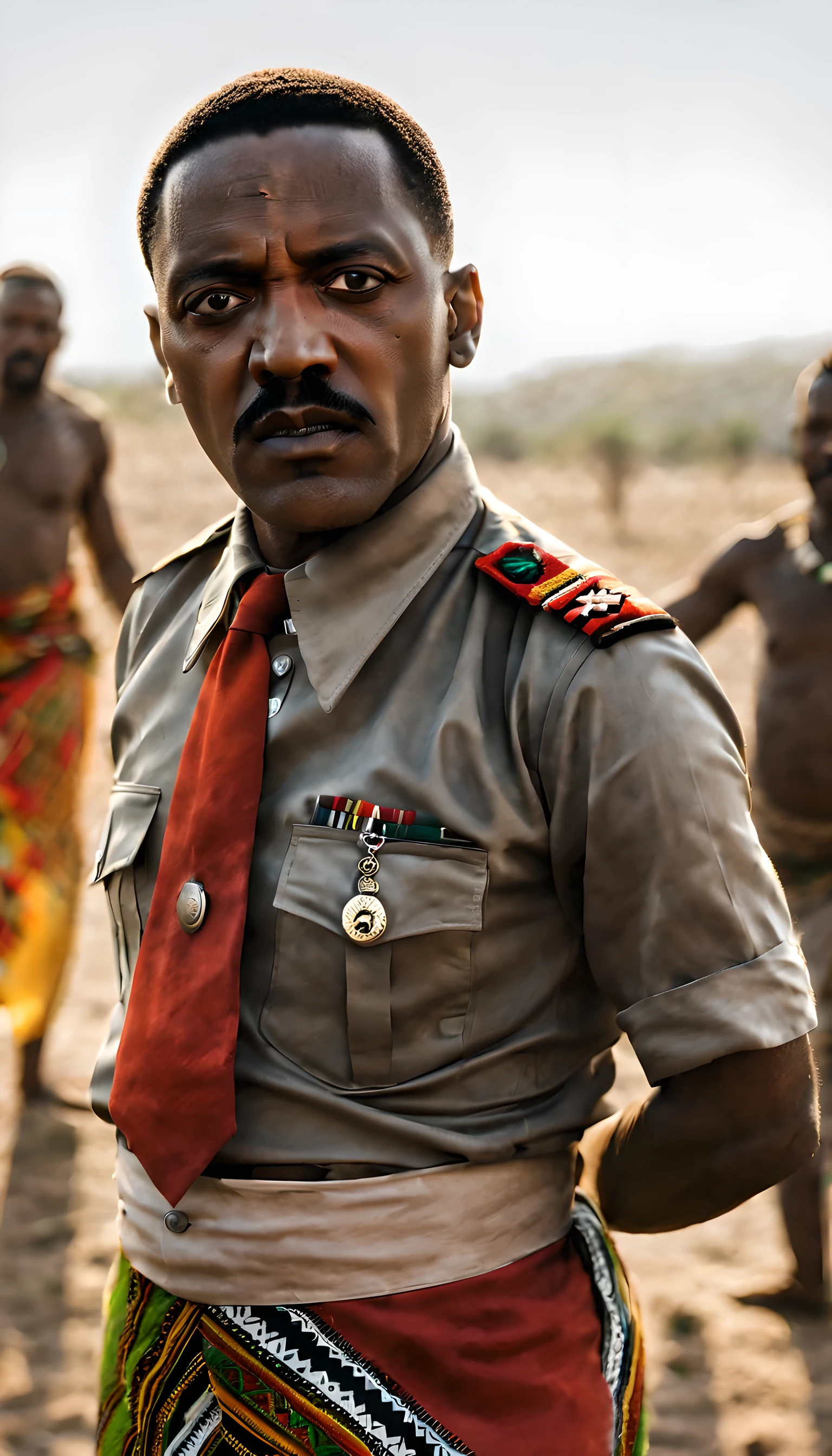 A realistic portrait of black Hitler, posing for a photograph while he is in the middle of an african tribe that is dancing around him in traditional tribal clothers. Hitler is in his classic SS uniform, and the sun is really strong on the African desert, 4K, high quality, masterpiece, best quality, photography