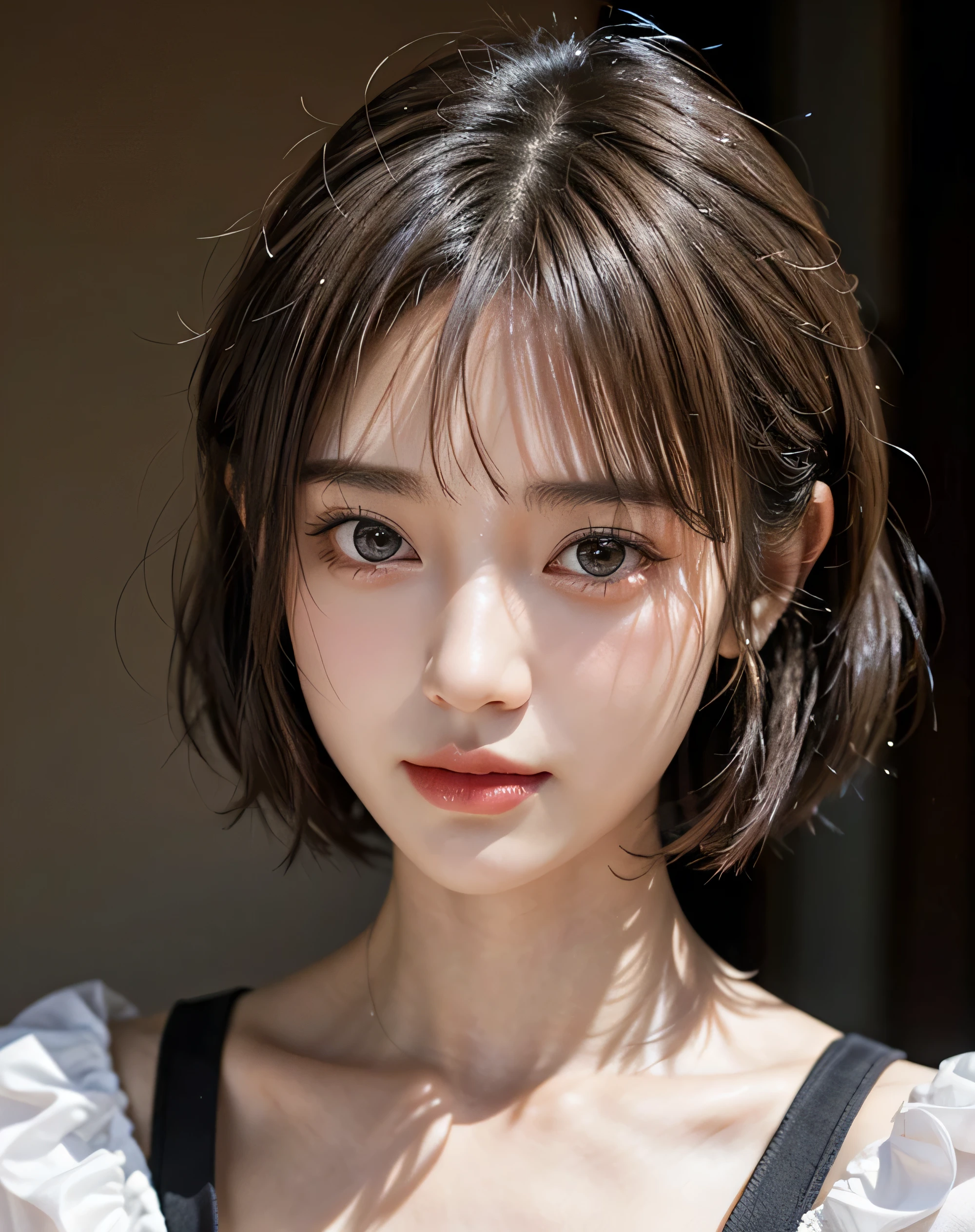 wide forehead、The whole forehead is visible、(highest quality, table top), 1 girl, beautiful girl, Brown_eye, ((hairの色 [Silver hair], [前hairでカットされたピクシー] hair)), earrings, lips, short sleeve,realistic, tight waist, attractive, colorful makeup, long eyelashes, Fair skin, (cute), (detailed face), 細かいeye, detailed iris,