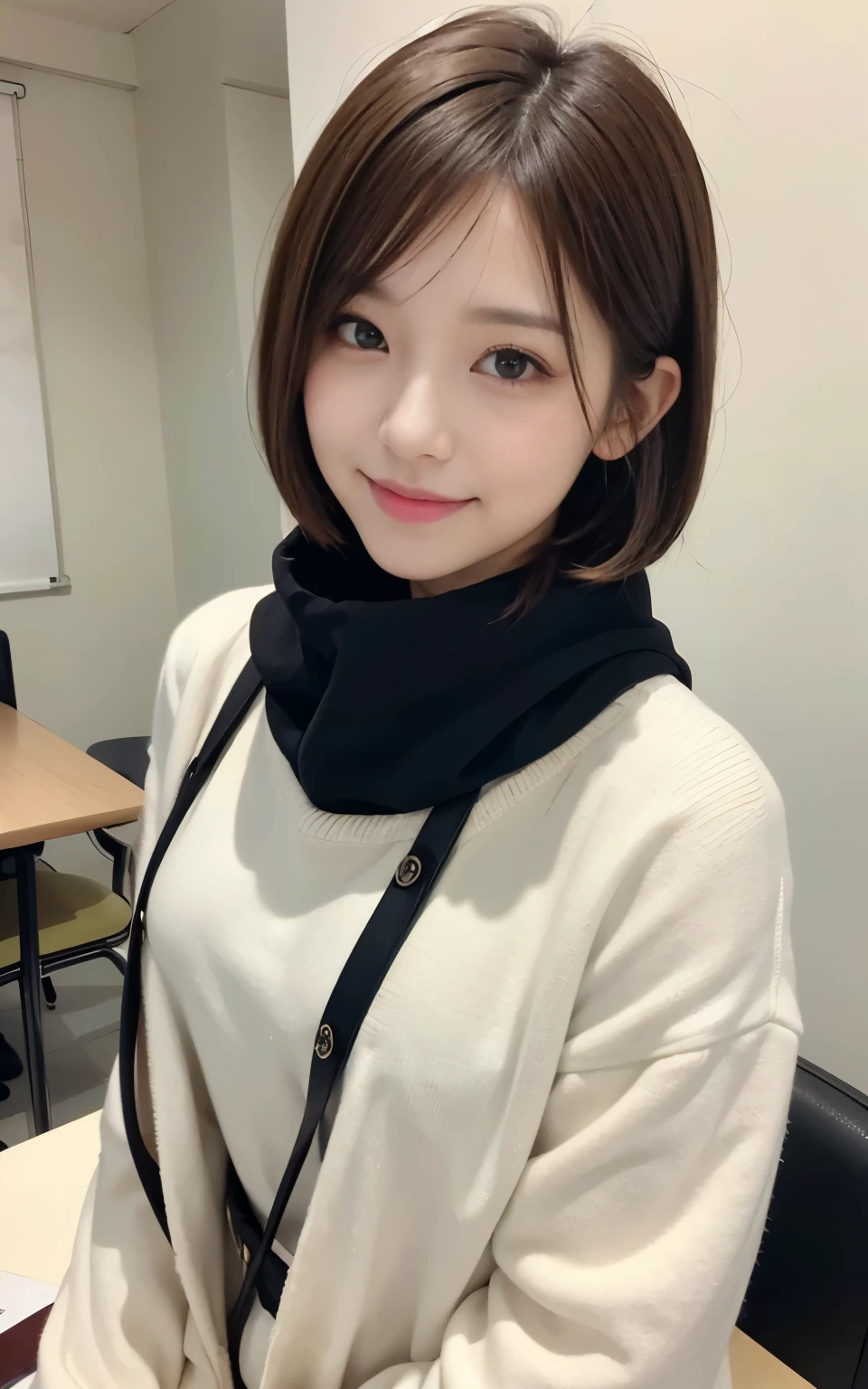 cute 21 year old japanese、School、University、During class、super detail face、pay attention to details、double eyelid、beautiful thin nose、sharp focus:1.2、Beautiful woman:1.4、(light brown hair,short hair、),pure white skin、highest quality、masterpiece、ultra high resolution、(Photoreal:1.4)、Highly detailed and professional lighting、nice smile、Show the whole body、cute colorful winter clothes、
