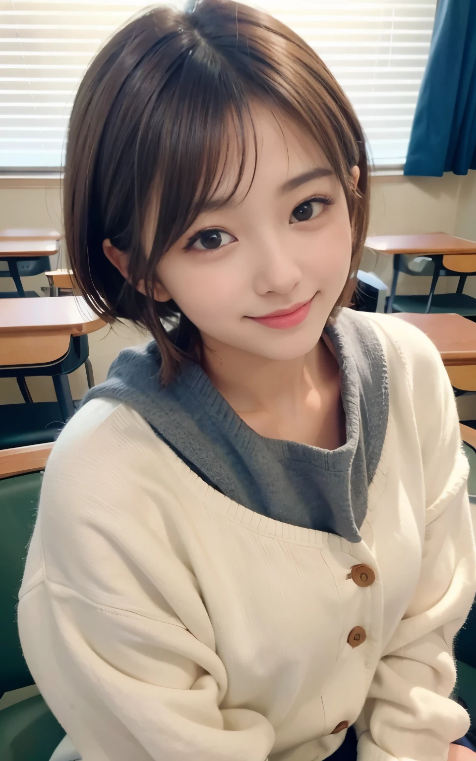 cute 21 year old japanese、School、University、During class、super detail face、pay attention to details、double eyelid、beautiful thin nose、sharp focus:1.2、Beautiful woman:1.4、(light brown hair,short hair、),pure white skin、highest quality、masterpiece、ultra high resolution、(Photoreal:1.4)、Highly detailed and professional lighting、nice smile、Show the whole body、cute colorful winter clothes、